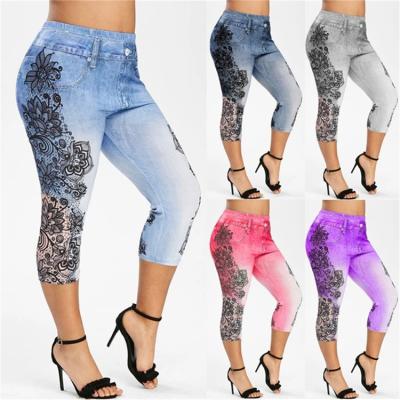 China Wholesale Plus Size Plus Size Exercise Washed Anti-denim Yoga Pants Print Denim 3/4 Yoga Gaiter for sale