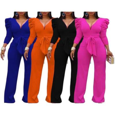 China Waterproof 2021 New Arrivals V-Neck Wide Leg Type Playsuits Women Long Sleeve Straight Jumpsuit for sale