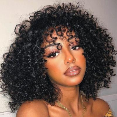 China Glueless Curly Fluffy Curly Wig Full Head Curly Hair Afro Curls Wig Brazilian Virgin Hair With 180% Bangs Density Wigs for sale