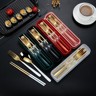 China Sustainable Environmentally Friendly Reusable Portable Stainless Steel Cutlery Fork Spoon Chopsticks Travel Cutlery Set With Box for sale