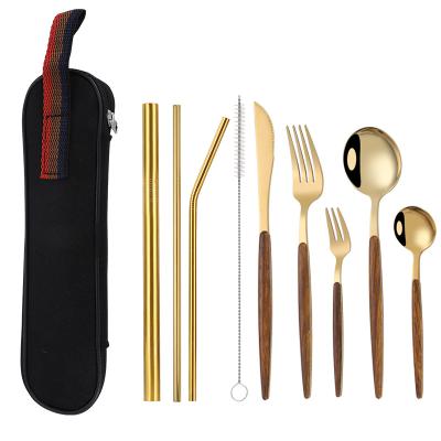 China Sustainable 9 Piece 304 Stainless Steel Portable Cutlery Set Set with Grain Handle Steak Cutlery and Wooden Spoon Straw for sale