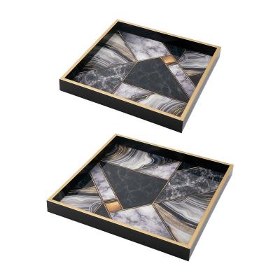 China Modern Artist Decoration Marble Design Gold Modern Pattern Fragrance Wooden Tray Square for sale