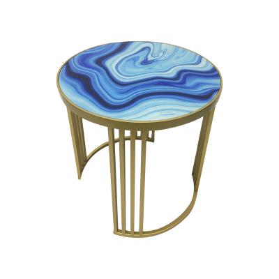 China Customized Small Round Table Metal Tray Side Table With Modern Blue Glass Interlocking Storage Side Tables For Living Room Bedroom for sale