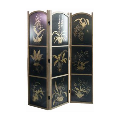 China Contemporary Luxury Custom Wood Frame Plants Artwork Gold Leaf Folding Room Divider Black Screen with 3 Panel Room Divider for sale