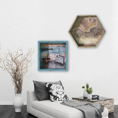 China Decoractive Shade Box and Toy Shelf Display Seascape Wood Blue Color for Living Room Decor Wall Art 30*30cm Frame 4 Natural Painting Color for sale