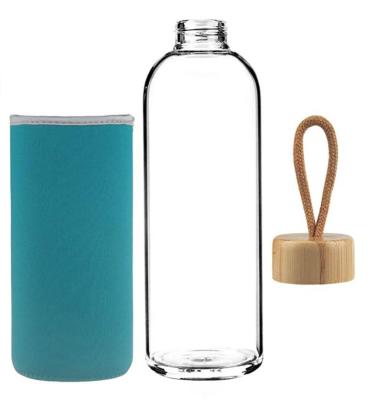 China Industrial Sports Borosilicate Glass Water Bottle With Bamboo Lid With Neoprene Sleeve for sale