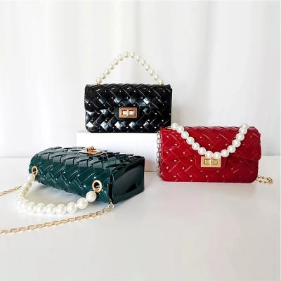 China Lady Handbag Mini Portable Pearl Chain Shoulder Bag Girl PVC Freeze Colorful Small Square Cross - Body Bag for sale