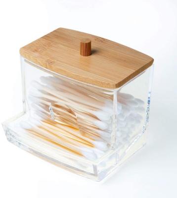 China Viable Transparent MAZON Cotton Swab Dispenser Toothpick Small Storage Container With Bamboo Lid for sale