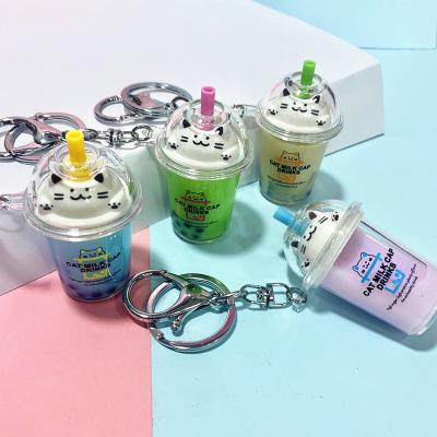 China Cat Milk Tea Keychain Bag car advertising gift new style pendent accessories bubble tea milk liquid key chain for sale