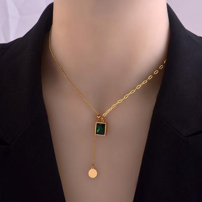 China Retro Emerald Stitching Clavicle Chain Niche Cold Wind Trendy Adjustable Titanium Necklace Steel Necklace for sale