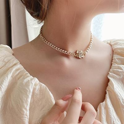 China Fashionable Necklace Diamond Flower Stitching Collarbone Necklace Real Korea Central Statistical Institute Gold Pearl for sale