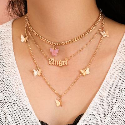 China Trendy Simple Pink Butterfly Acrylic Necklace Angel Pendant Gold Plated Zircon Clavicle Chain Multilayer Necklace For Women for sale