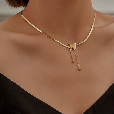 China Fashionable Light Luxury Real Stainless Steel Gold Frosted Butterfly Necklace Tassel Snake Bone Snake Bone Chain Pendant Necklace for sale