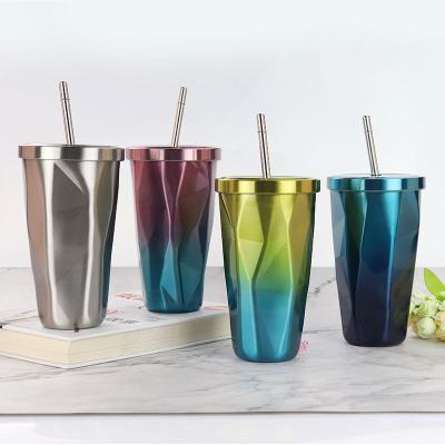 China Wholesale Viable Colorful 500ml Stainless Steel Wall Coffee Mug Water Dual Tumbler Vaccum Flask No Vacuum With Straw for sale