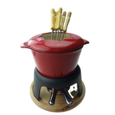 China Stocked Color Enamel Cast Iron Fondue Pot Set With 6 Forks And Wooden Base for sale