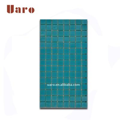 China Parquet Ocean Blue Color No Sand Swimming Pool Glass Mosaic Tile for sale