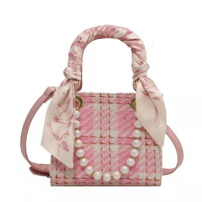 China Korean latest/shoulder fasion woven bag with small pink pearl silk chain scarf cross - square body bag for sale