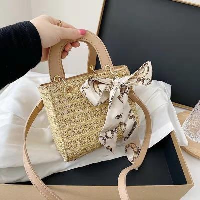 China Simple Straw The Latest/New Trend Summer Fasion Woven With Silk Scarf Small Square Cross - Body Bag for sale