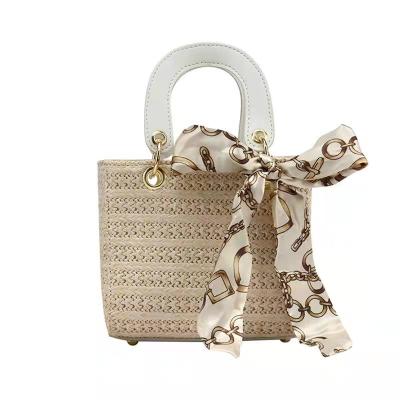 China Single straw the latest/fasion woven with small square silk scarf shoulder bags woman beach shoulder bags for sale