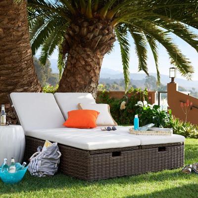 China Outdoor Weather Furniture Sea Side Double Seat Rattan Woven Beach Sun Sofa for sale