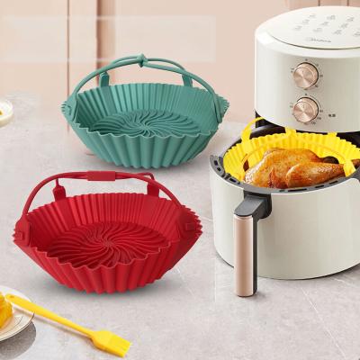 China Hot-selling Viable 8.1 Inch Round Silicone Air Fryer Basket Liners With Long Handles Reusable Air Fryer Pot for sale