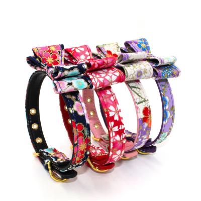 China Custom Handmade Microfiber Fabric Pet Collar Bow Japanese Style Pet Cat Dog Collar New for sale