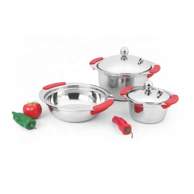 China Sustainable Low Cost Soup Pot 3pcs Stainless Steel Cookware Set With Silicone Handle for sale