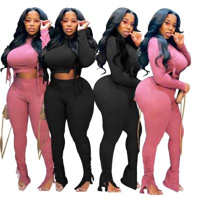 China Anti-Wrinkle New Products 2022 Unique Plus Size Clothing For Women Crop Top Shirt Ribbed Pants Two Piece Set for sale