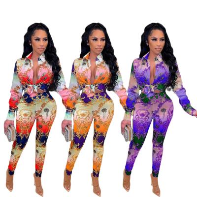 China Elegant Blouses Anti-pilling Autumn Set Fashion Printed Long Sleeve Lace Up Woman Shirt 2 Piece Leggings Set for sale