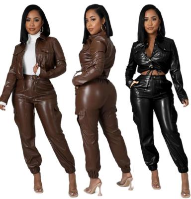 China Anti-Static Black Cargo Pants Ladies Winter Outfits Outwear Coat Faux PU Zip Up Jacket Pants Leather Women for sale