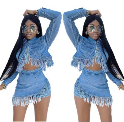 China 2022 New Arrivals 2pc QUICK DRY Skirt Set Jean Jackets For Women Ladies Blue Skirts Autumn Sets Fringe Skirt for sale