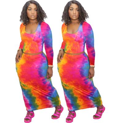 China Anti-pilling fall 2021 plus size women's clothing fat sheath long T-shirts women 2 piece tie dye skirt set for sale