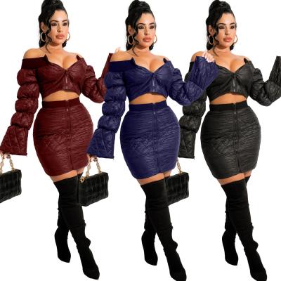 China Winter Women Clothing Fashion Lantern Sleeve One Word Collar Anti-pilling Deep Zip Up Short Skirts Set For African Women for sale