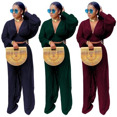 China 2021 Autumn Fashion Ladies Women's V-Neckline Women's Anti-Wrinkle Casual Clothing Set Two Piece Wide Leg Pants 2 Piece Set for sale