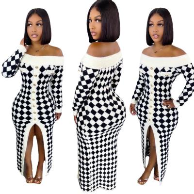 China Modest Dresses Elegant Plaid Long Sleeve Anti-static Long Top Knitted Sweater Dress Women Clothing Autumn Winter Tube Top for sale