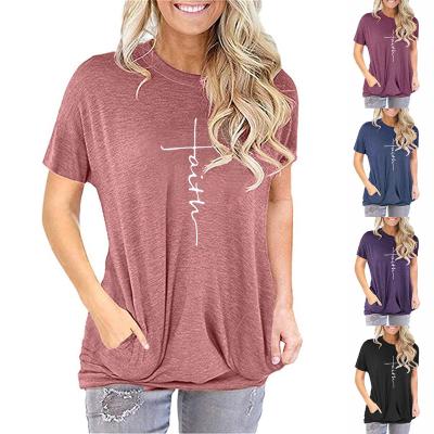 China QUICK DRY Classy Loose Letters Print Full Pocket Women T Shirts Summer Casual Clothes Short Sleeve Faith T Shirt for sale