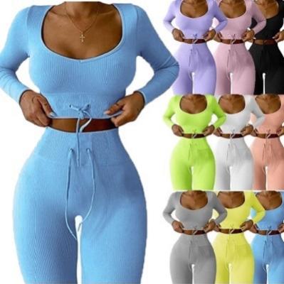 China Breathable Ribbed Yoga Set Two Piece Set Women Apparel New Knit Solid Color Long Sleeve Sports Yoga Stitching Equipment for sale