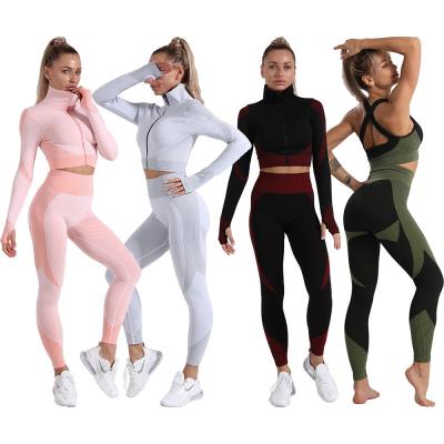 China Breathable Yoga Clothes Seamless Zipper Three Piece Set Women Autumn Knitted Elastic Fitness Exercise Logo Yoga Wear Custom Made for sale