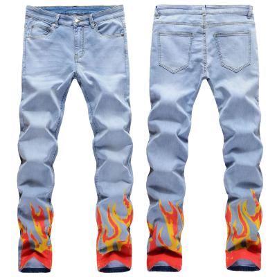 China Street Hip Hop Trendy Men's Fashion Breathable Flame Printed Pants Fall Winter Stretch Slim Straight Jeans Men for sale