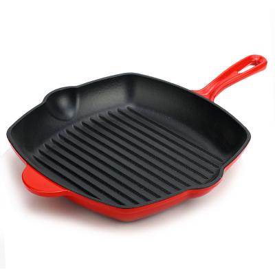 China Sustainable Nonstick Square Cast Iron Skillet Grilling Pan , Enameled Cast Iron Skillet Steak Pan With Side Drip Spout for sale