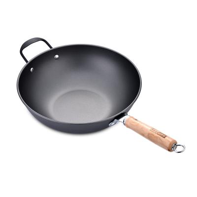 China Sustainable Carbon Steel Non-stick Coating Wok With Wooden Handle Wok Cookware for sale