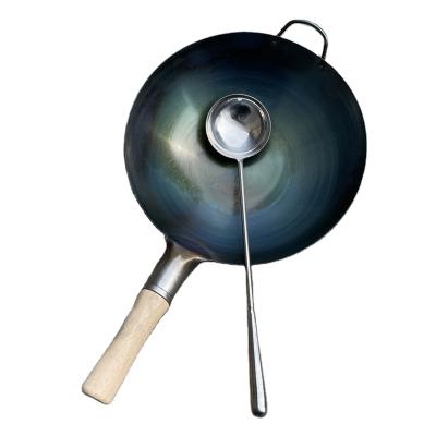 China Sustainable Traditional Hand Hammered Carbon Steel Wok With Wooden And Steel Helper Handle for sale