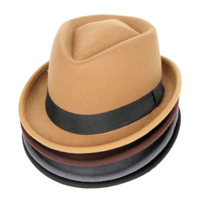 China Picture File Style Color Roll Brim Unisex Pure Wool Felt Hat Borsalino Jazz Fedora Hat With Black Ribbon For Dad Church Party for sale