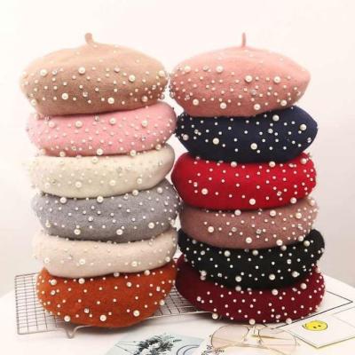 China Hot Sale Image Diamond Pearls Design Knitted Faux Beret Hat Wool-acrylic Hat for Women Lady Fashion Dress for sale