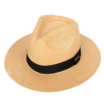 China Character Summer Panama Sun Flat Wide Brim Fedora Toquilla Natural Straw Hat With Black Ribbon For Lovers Beach Pastoral Travel for sale