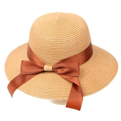 China Women Girl Summer Dobby Spring Panama Sun Straw Hat With Bowknot Lace For Outdoor Beach Tourism Horse Racing for sale