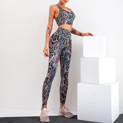 China 2021 New Fashion Women's Breathable Fitness and Yoga Wear Suit Sports Set High Waist Fitness Leopard Yoga Set for sale