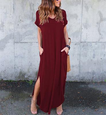 China Anti-Wrinkle Women's Casual Loose Pocket Long Dress Women Short Sleeve Designs Girl Formal Lady Dresses for sale