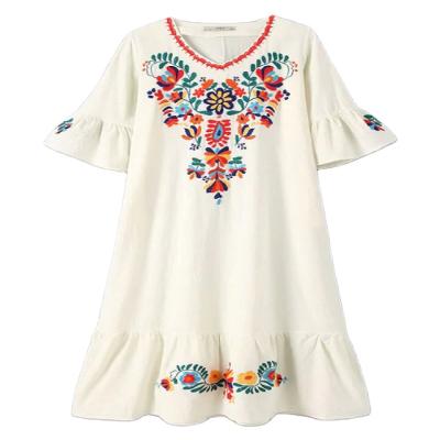 China 2021 New Anti-Static High Quality Boho Boho Floral Embroidered Dress Women's Ruffle Embroidery 3/4 Sleeve Long Dress Women for sale