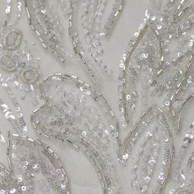 China Wholesale viable high quality design Mesh Elegant Pearl Bridal Embroidery beaded sewing lace fabric for wedding dress. for sale